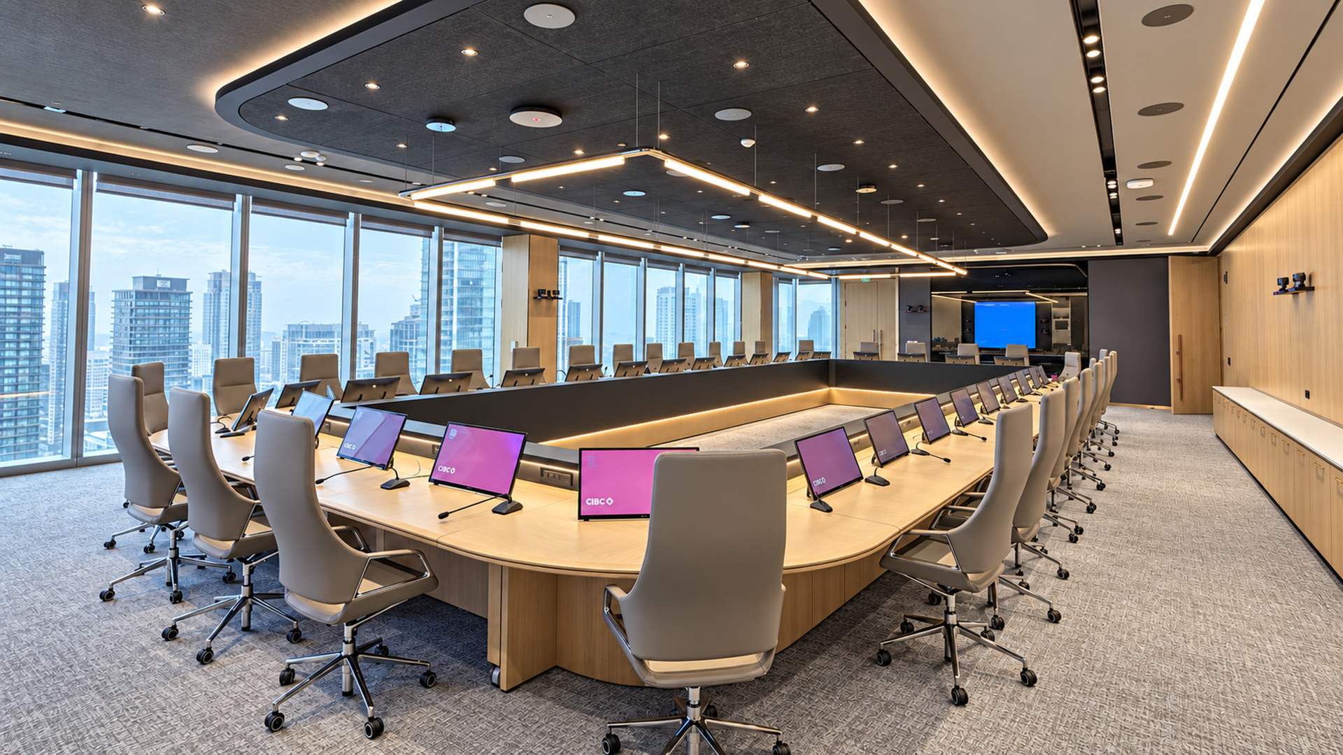CIBC executive boardroom with a curved meeting table, grey chairs and a Toronto skyline view